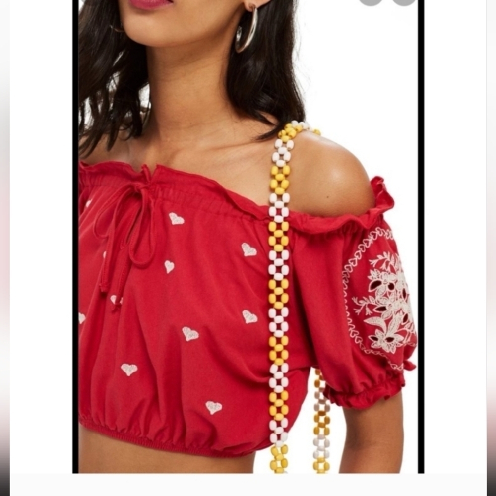 Topshop Bohemian Off Shoulder Embroidered Gathered Waist Casual Peasant Crop Top